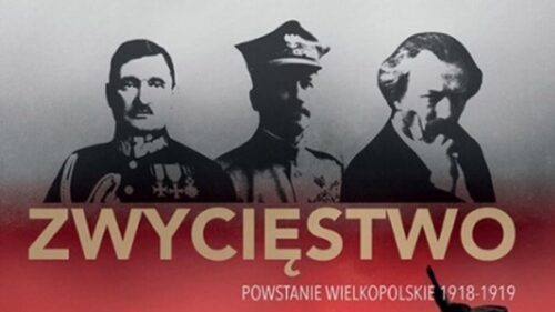 Plakat z napisem "zwycięstwo" z tyłu postacie historyczne